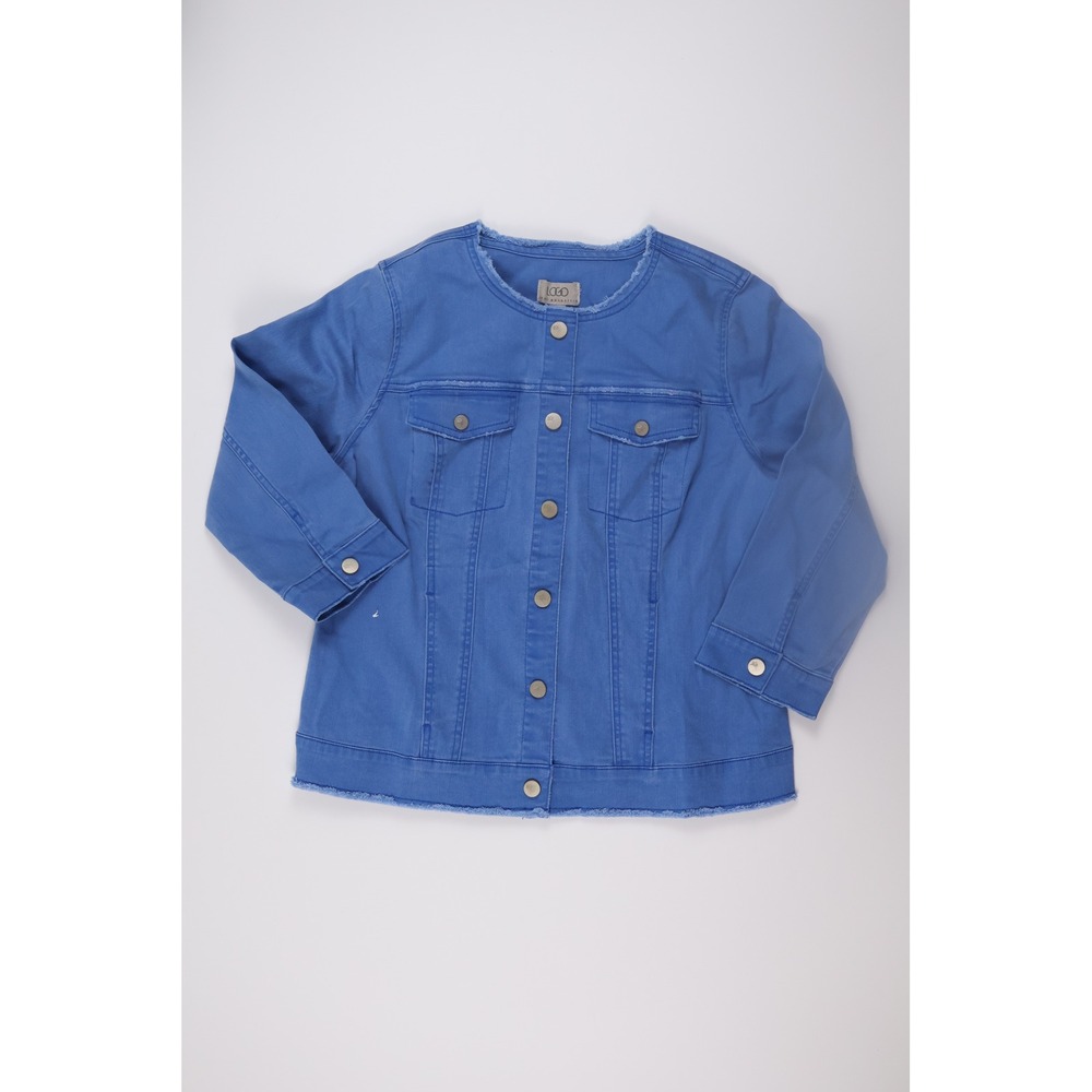 LOGO by Lori Goldstein Denim Jacket Raw Edge Fringe 8 Blue‎ Casual Jean Coat